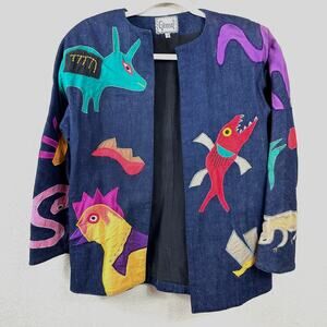 Vintage Girasol Mexican Chambray Denim Jacket – Colorful Animal Appliqué S/M